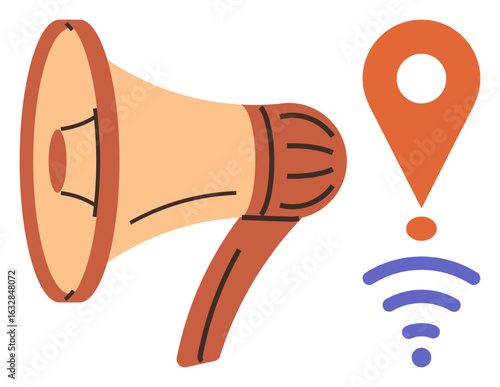Loudspeaker paired with a map pin and wireless signal, signifying digital communication, outreach, and advertising. Ideal for marketing, branding, location services, connection, technology internet