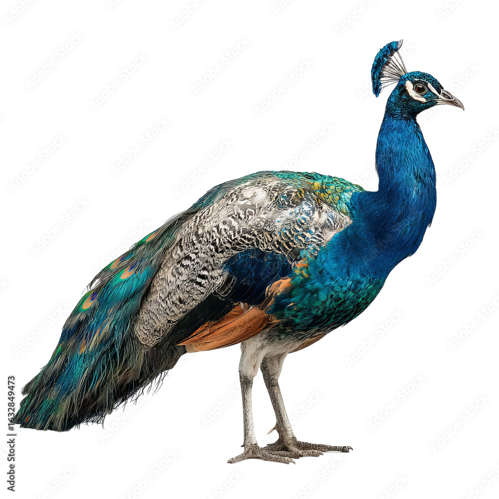 Obraz premium Png of A majestic peacock displaying vibrant colors with iridescent blue and green feathers against a plain background.