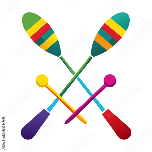 Sleek Vector Juggling Clubs Crossing with Motion Lines, Bright Bold Colors on White Background