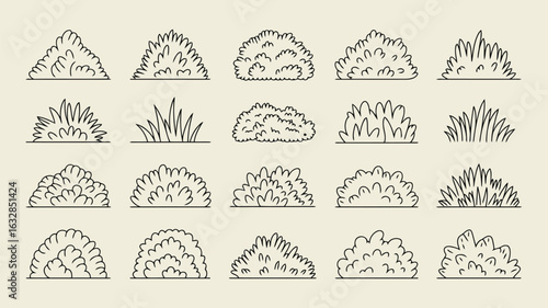 Hand drawn bush and grass icon set, black outline collection of garden shrub and foliage elements for landscape and design projects

