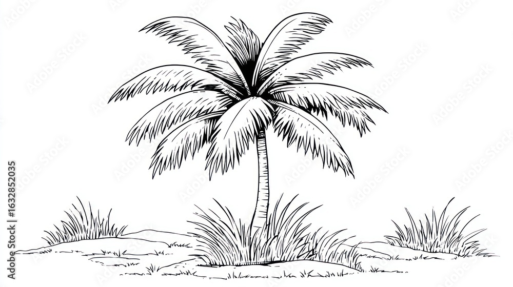 Fototapeta premium Pen and ink drawing of a palm tree on a small island with some grass