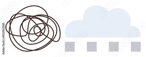 Tangled lines next to structured cloud blocks emphasize transformation, problem-solving, and order. Ideal for organization, clarity, process improvement, innovation, change, focus simple flat