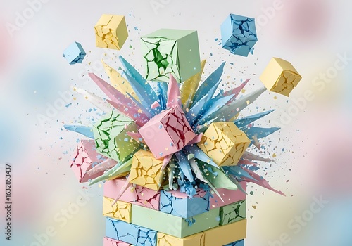 Pastel colored cubes in dynamic deconstruction with vibrant shards and fragments floating abstractly
