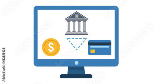 Vector art of a computer screen displays a bank building, a dollar coin, and a credit card, symbolizing online banking and digital finance transactions