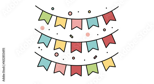 Vector art of a festive string of colorful bunting flags with confetti and dots, perfect for celebrations