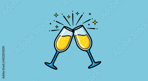 Vector art of two glasses of bubbly champagne clinking together in a celebratory toast, with sparkles and stars
