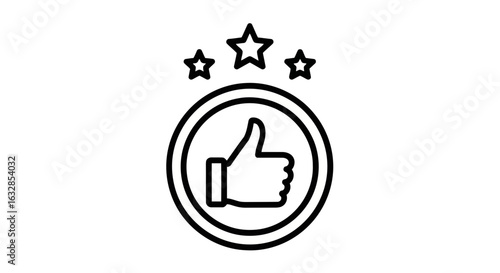 Vector art of a black outline icon featuring a thumbs up symbol inside a circle, adorned with three stars above, symbolizing excellence and approval