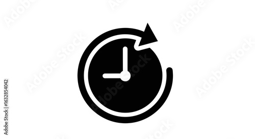 Vector art of a black clock icon with a circular arrow indicating the passage or repetition of time, isolated on a white background