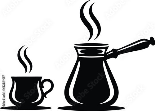 Silhouette of Turkish Coffee Pot and Cup with Steam Vector Illustration
