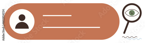 User profile card with avatar and text lines alongside magnifier focusing on an eye with verification tick. Ideal for authentication, identity, recruitment, research, analytics, security check, user