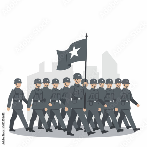 Marching soldiers in formation carry flag to represent national defense, security, and military strength. Row of soldiers parades and honors military tradition, serving as symbol of national guard.