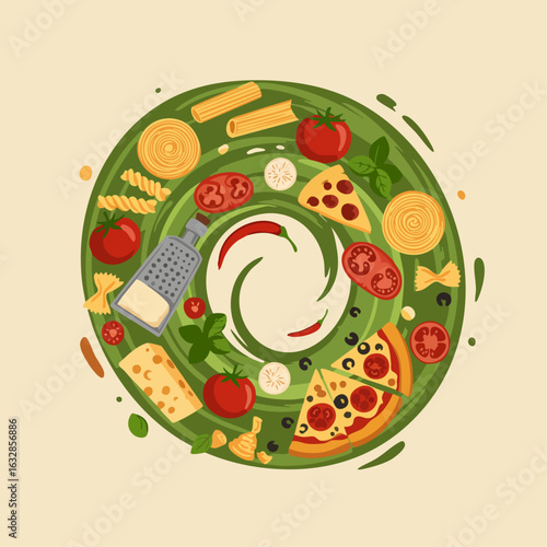 Italian food illustration with pizza, pasta, and ripe tomatoes is a vibrant display. Italian food, arranged artfully, includes cheese, basil,