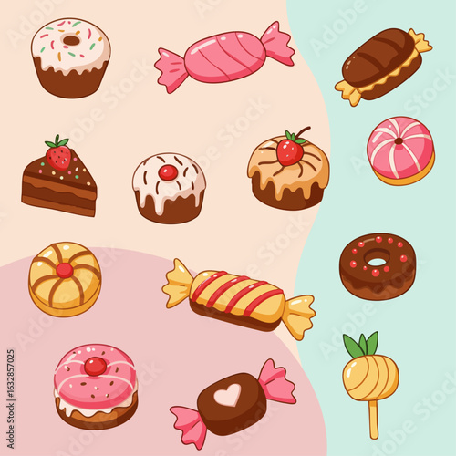 Sweet candy dessert assortment with donuts, lollipop, and pastries on colorful background. This delectable sweet candy dessert collection creates festive atmosphere, suggesting party and celebration.