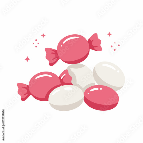 Isolated candy illustration displays wrapped bonbons and round drops in shades of pink and white. Candy graphic is perfect for dessert themed designs, evokes a sense of sweetness,