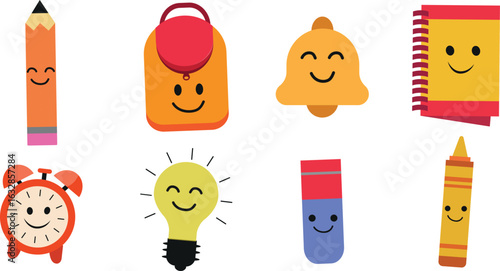 Cute Cartoon school supplies set in kawaii style featuring bell, notebook, pencil, crayon, light bulb , bag, clock and eraser . For stickers, back to school gifts and stationary