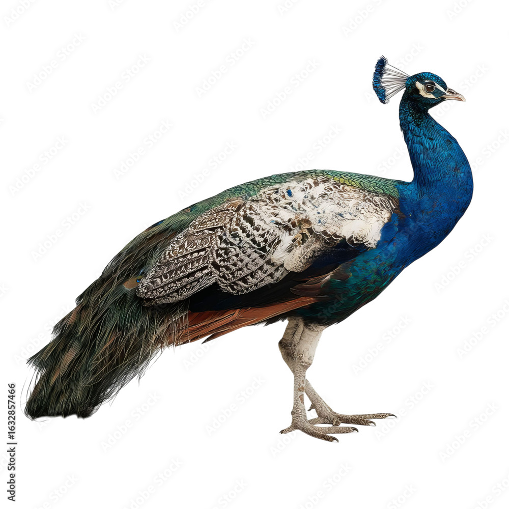 Obraz premium Png of A majestic peacock showcasing its vibrant blue and green plumage, standing gracefully against a dark background.