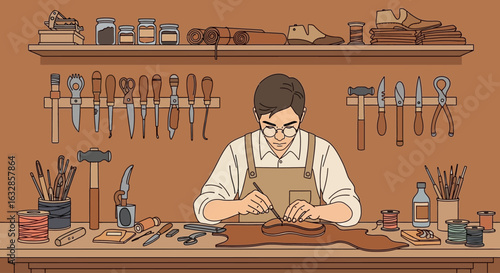A craftsman meticulously works leather in his well-equipped workshop, surrounded by tools and materials.