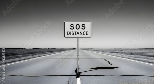 Roadside Sign Reads Sos Distance Against A Monochrome Landscape, Black And White