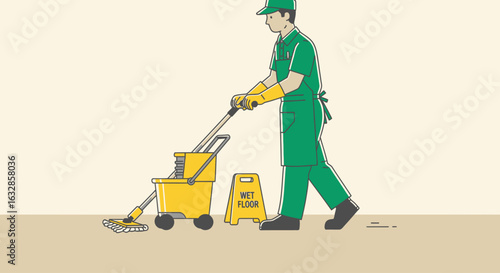 A cleaner in green uniform is mopping the floor with a yellow bucket and a wet floor sign nearby.