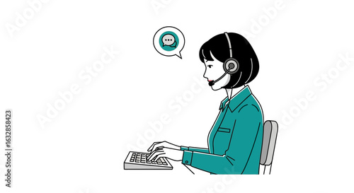 A cartoon illustration of a woman working as a customer service representative.
