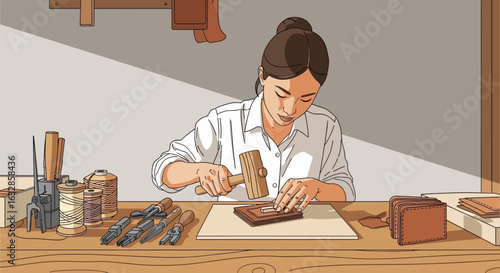 A woman crafts a leather wallet using a mallet in a traditional workshop setting.