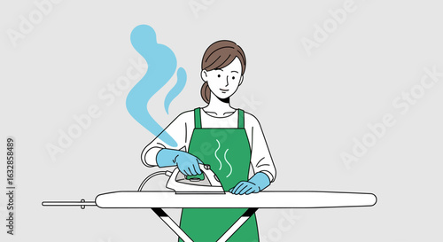 An illustration of a woman in a green apron and blue gloves ironing clothes on a board, with steam rising from the appliance.