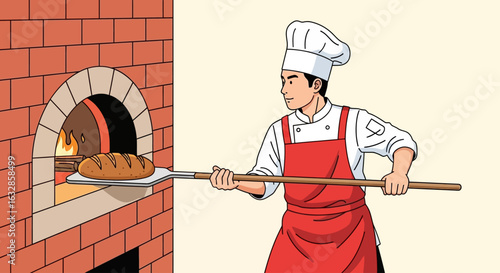 A baker in a chef's hat and red apron uses a peel to place a loaf of bread into a hot brick oven.