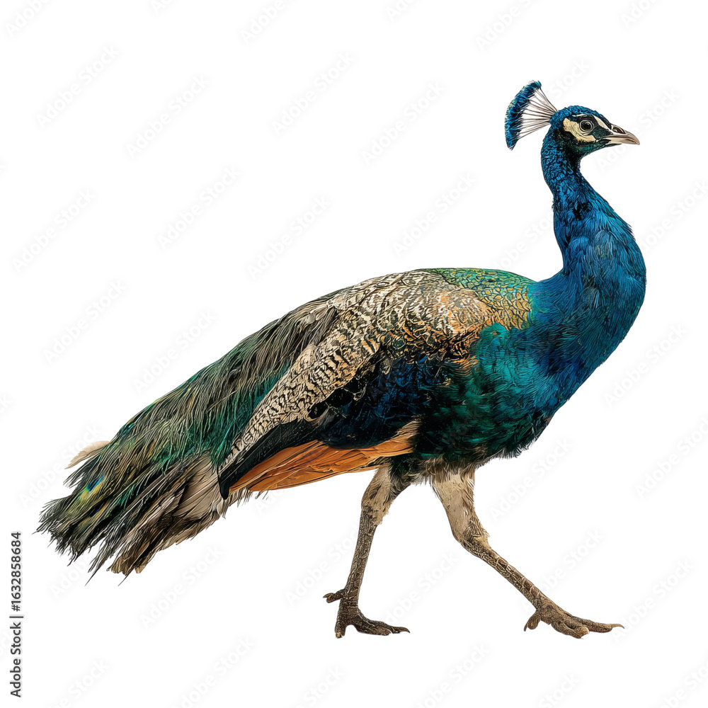 Obraz premium Png of A stunning peacock displaying vibrant blue and green plumage, elegantly walking on a transparent background.