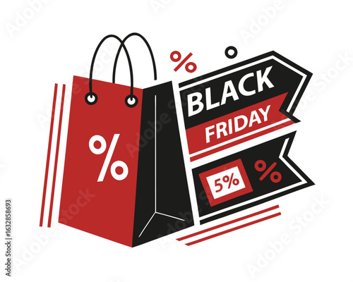 Black Friday Shopping Sale with Red and Black Bags and Percentage Signs Advertising Discounts and Promotions for Holiday Season