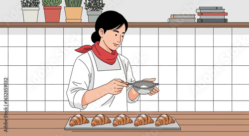 A baker woman in an apron and red bandana carefully sifts powdered sugar onto a tray of freshly baked croissants in a bright kitchen.