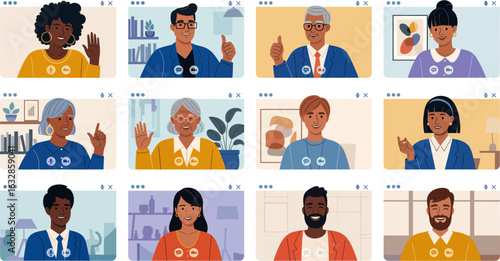 multicultural video call with diverse people interacting from different environments. Group Video Call with Professional Diversity. Inclusive and Collaborative Virtual Meeting