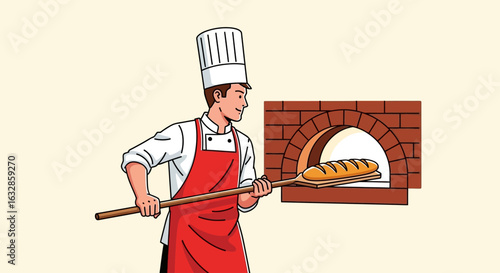 A baker wearing an apron and chef's hat uses a wooden peel to place a loaf of bread into a traditional brick oven.