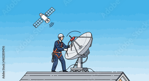 A technician in safety gear on a rooftop adjusting a large satellite dish to receive a signal from a satellite.