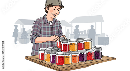A smiling vendor arranges jars of colorful preserves at a farmers market stall, selling homemade goods.