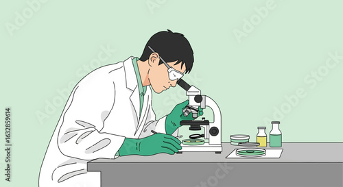 Scientist in lab coat and gloves examines sample under microscope, with petri dishes and bottles on the table.