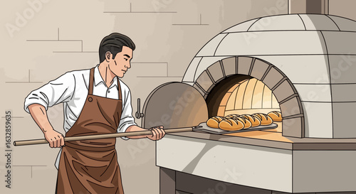 A baker, wearing an apron, uses a peel to remove fresh loaves of bread from a brick oven.