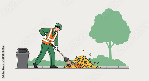 A sanitation worker in green uniform sweeps fallen leaves into a pile on the sidewalk near a trash can and tree.
