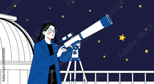 Illustration of a woman using a telescope on a balcony, observing stars in the night sky near an observatory dome.