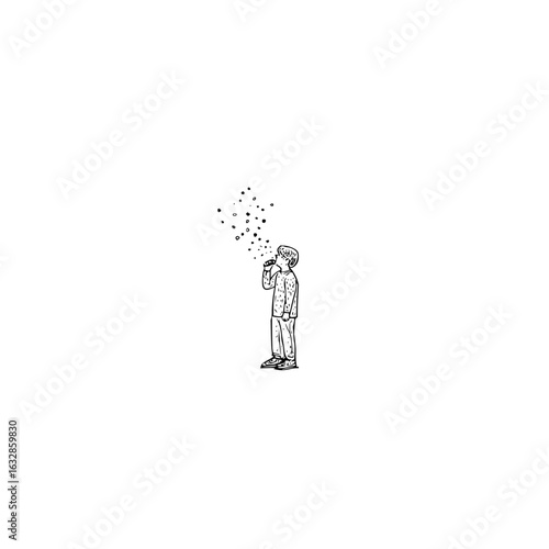 Illustration of a person standing and blowing bubbles into the air in a simple black and white drawing