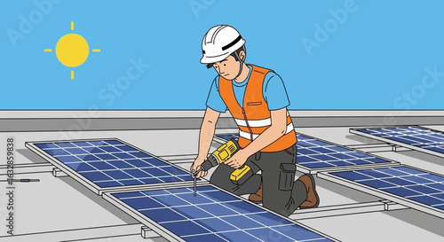 Illustration of a worker installing solar panels on a rooftop under a bright sun, wearing safety gear and using a power drill.
