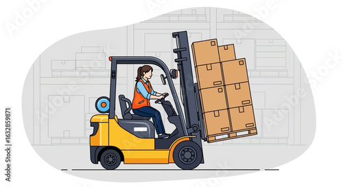 A woman operates a forklift, loading boxes onto a pallet in a warehouse.