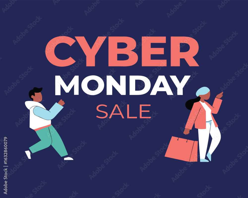 Obraz premium Cyber Monday sale with happy shoppers vector illustration offering incredible discounts and promotions perfect for advertising and marketing campaigns