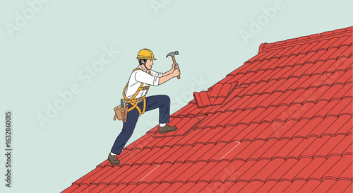 An illustration of a construction worker wearing a hard hat and safety harness, holding a hammer while ascending a steep red tiled roof.