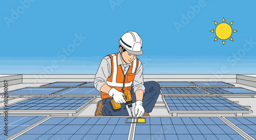 A technician in safety gear is installing solar panels on a rooftop under a clear blue sky.