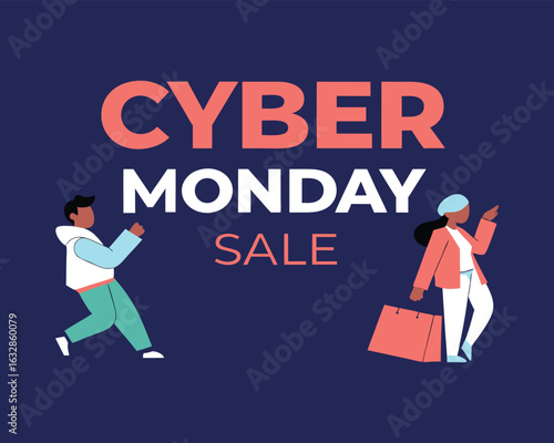 Cyber Monday sale with happy shoppers vector illustration offering incredible discounts and promotions perfect for advertising and marketing campaigns