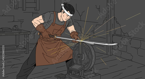 A skilled craftsman meticulously sharpens a samurai sword on a grinding wheel, creating sparks in a workshop setting.