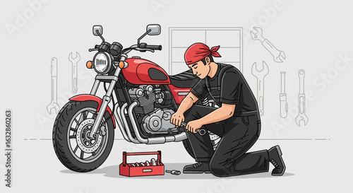A man wearing a red bandana kneels beside a red motorcycle, working on the engine with tools from a red toolbox.