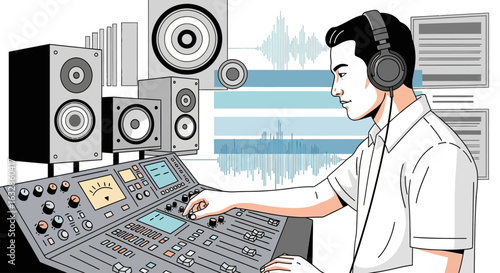 Sound engineer meticulously adjusts audio mixing board controls in a professional recording studio.