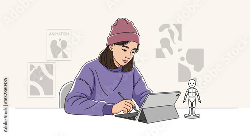 Young woman digitally sketching on tablet, surrounded by design inspiration.