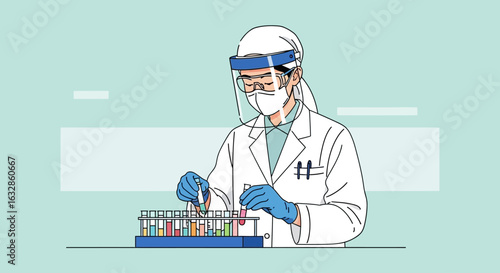 A scientist in protective gear meticulously works with colorful liquids in test tubes arranged in a rack, conducting research in a laboratory setting.